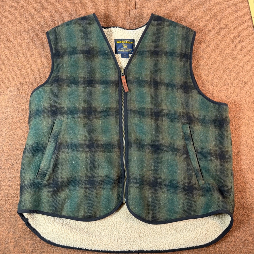 Woolrich Plaid Sherpa Lined Vest Mens Large Green Black Wool Blend Full Zip A+